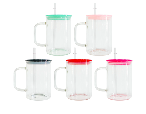 17oz Clear Mug with Colored Plastic Lid and Straw - Sublimation Glass