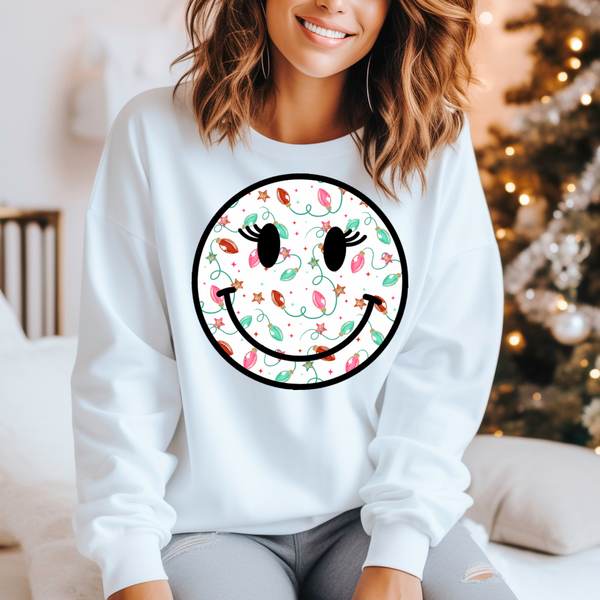 DTF Full Color TShirt Transfer - Christmas Lights Smiley with Lashes (You Choose Black or White!)