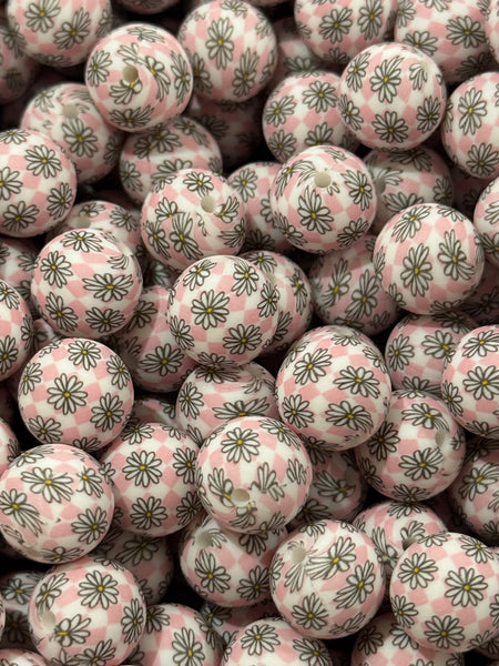 15mm Printed Silicone Bead - *EXCLUSIVE* Pink Checkered Daisies