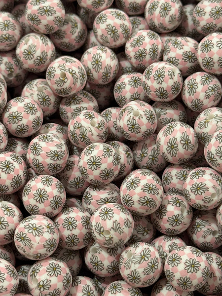 15mm Printed Silicone Bead - *EXCLUSIVE* Pink Checkered Daisies