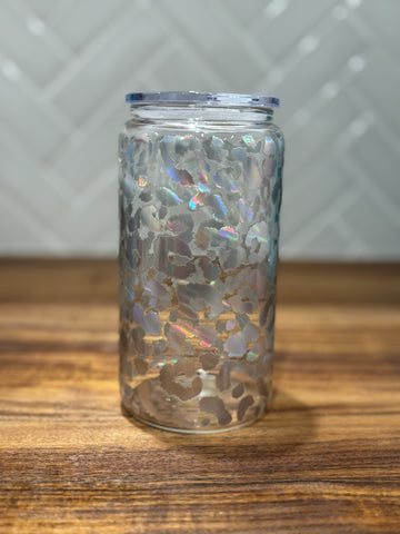16oz Clear Leopard Iridescent Glass Can with Lid and Straw
