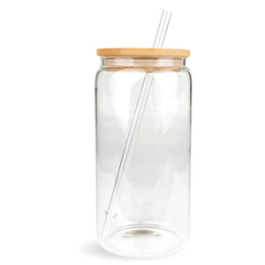 Clear Glass Can w/Lid & Straw