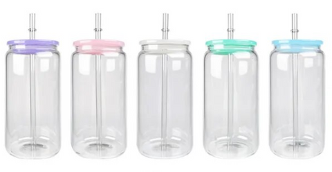 16oz Clear Glass Can with Color Plastic Lid and Straw