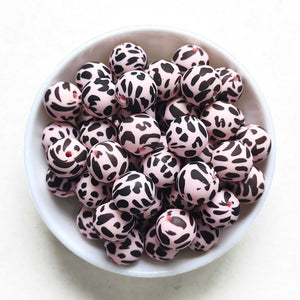 15mm Printed Silicone Bead - Pink Cow Print