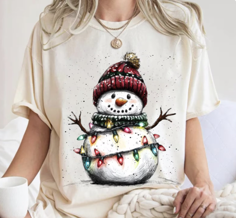 DTF Full Color TShirt Transfer - Cottage Snowman Lights