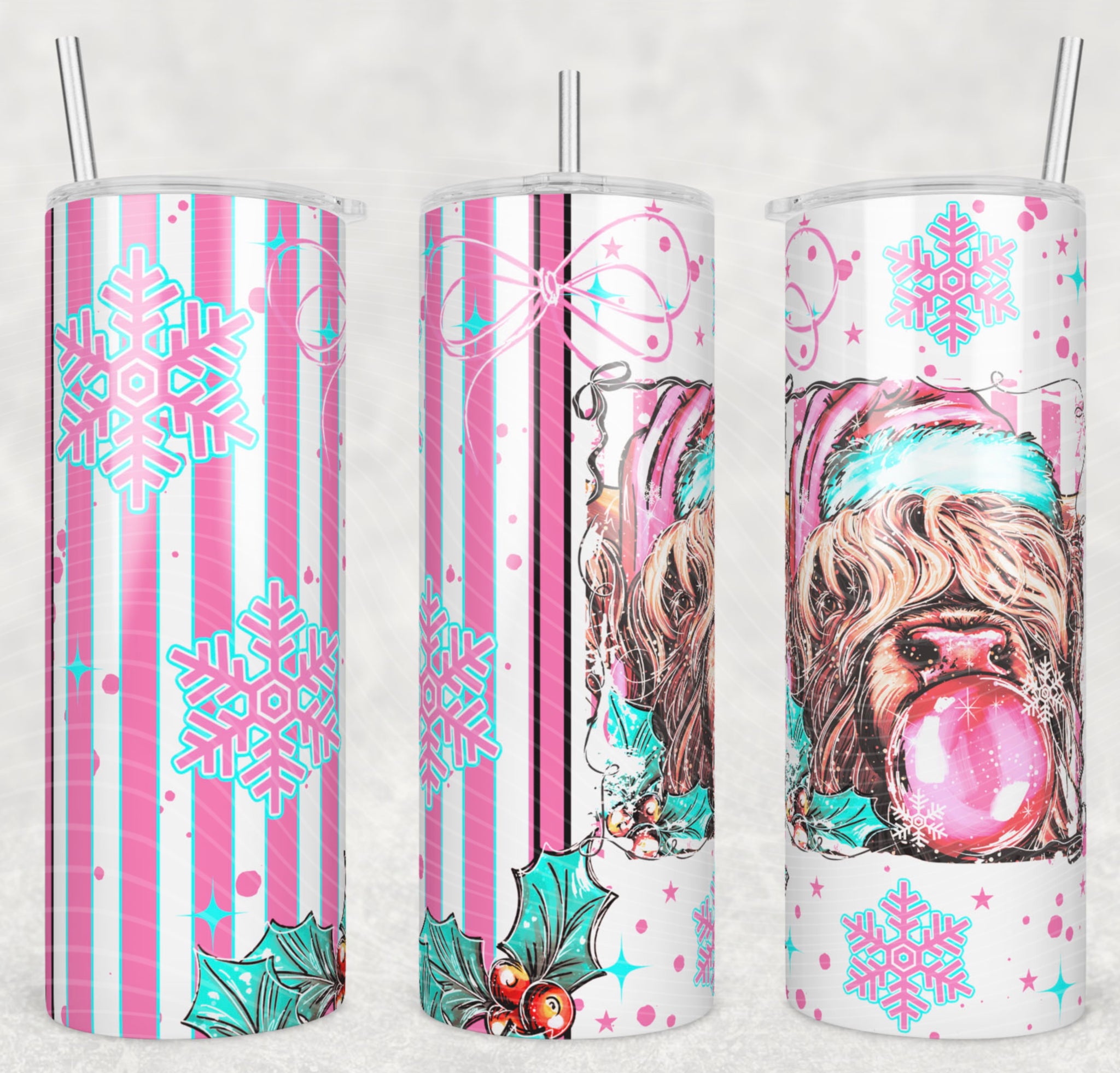 Skinny Tumbler Sublimation Wrap - Highland Cow Bubblegum