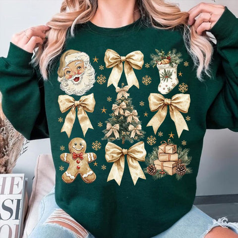 DTF Full Color TShirt Transfer - Gold Santa Bows