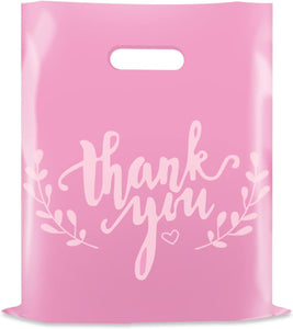 12x15" Pink Thank You Merchandise Bags - Solid Pink with Light Pink Thank You (Leaves)