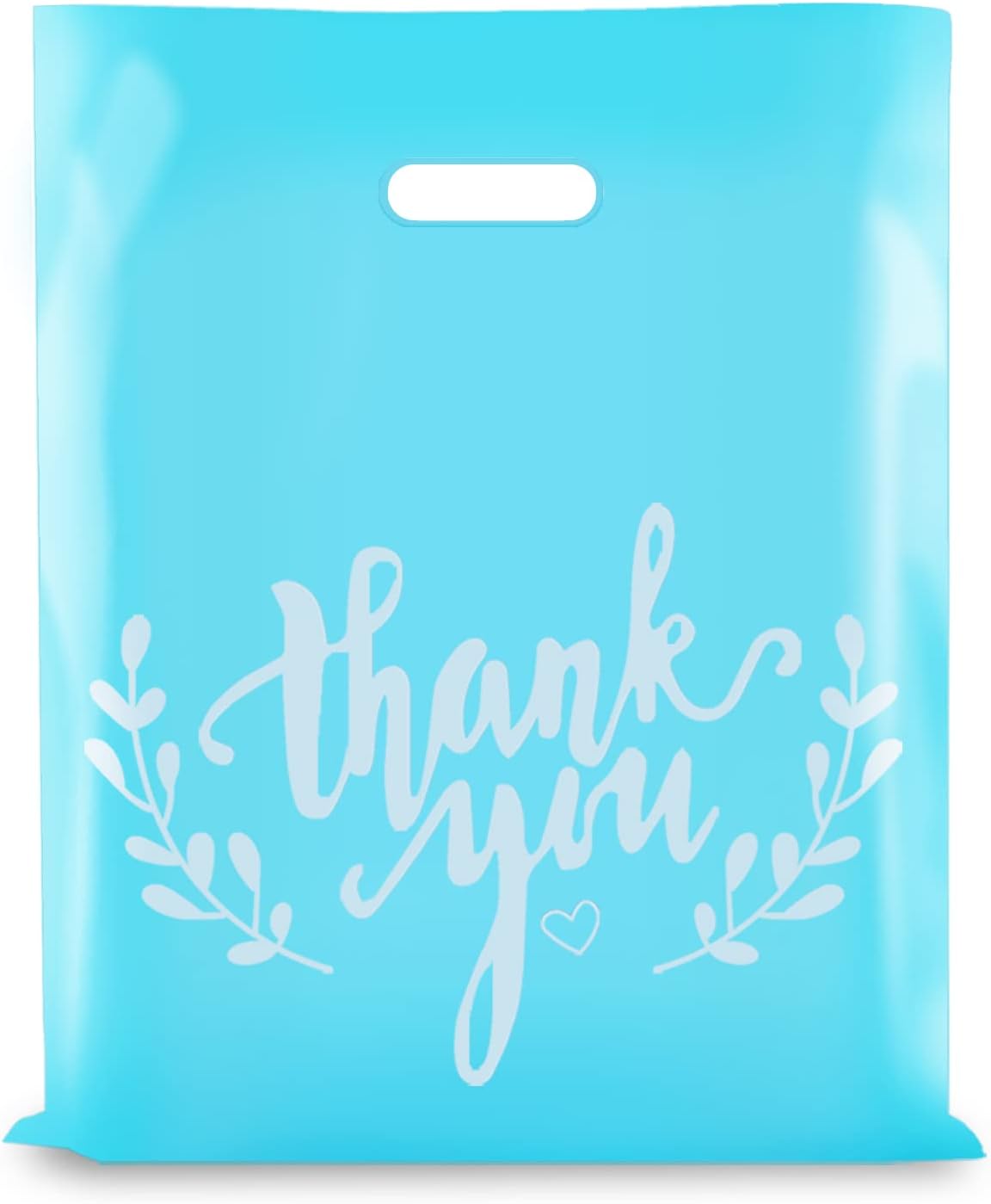 12x15" Aqua Thank You Merchandise Bags - Solid Aqua with White Thank You (Leaves)