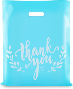 12x15" Aqua Thank You Merchandise Bags - Solid Aqua with White Thank You (Leaves)