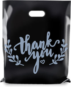 12x15" Black Thank You Merchandise Bags - Solid Black with White Thank You (Leaves)