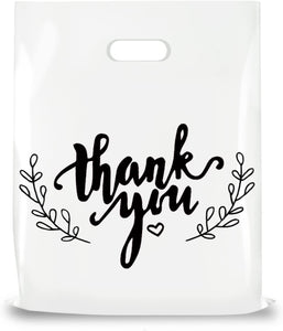 12x15" White Thank You Merchandise Bags - Solid White with Black Thank You (Leaves)