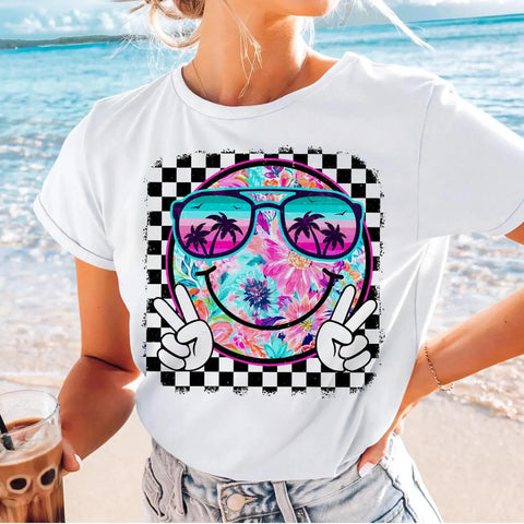 DTF Full Color Transfer - Bright Flower Check Peace Smiley