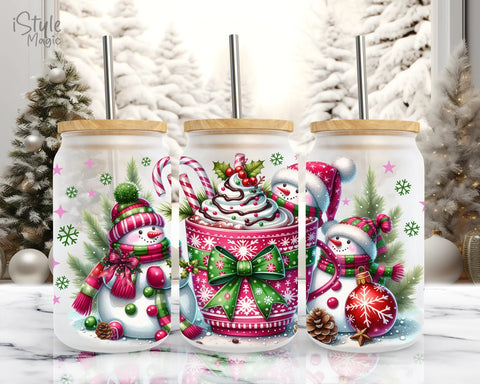 16oz UV DTF Wrap - Bright Pink Snowmen Hot Cocoa
