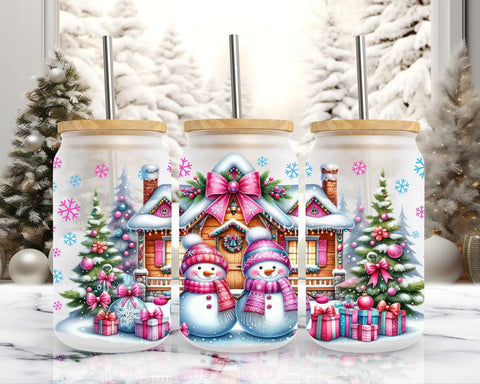 16oz UV DTF Wrap - Bright Snowmen Cabin