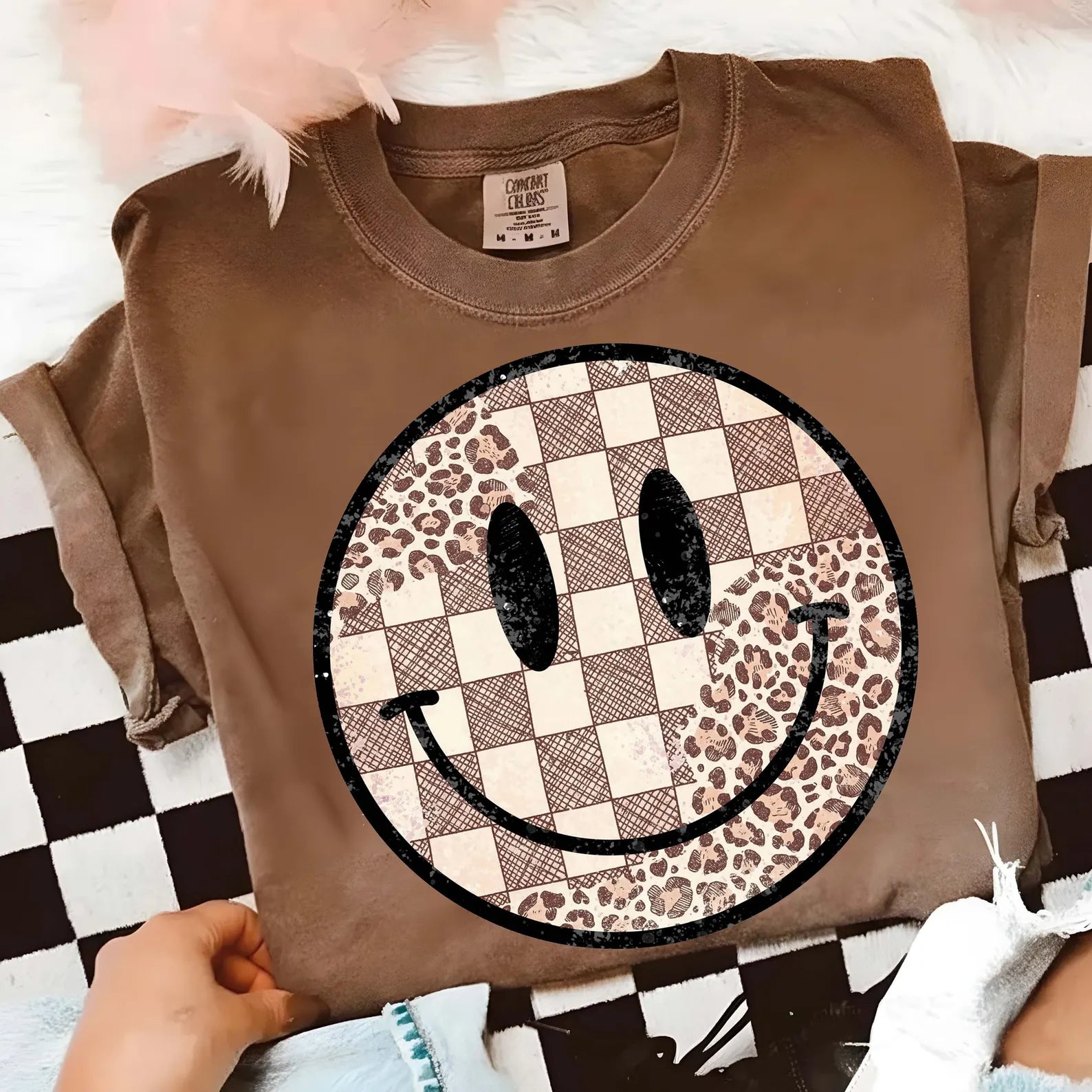 DTF Full Color TShirt Transfer - Brown Check Leopard Smiley