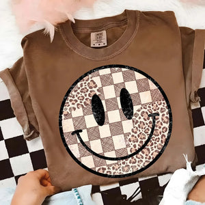 DTF Full Color TShirt Transfer - Brown Check Leopard Smiley
