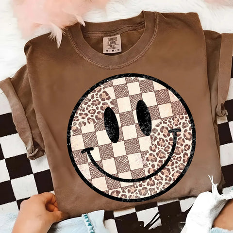 DTF Full Color TShirt Transfer - Brown Check Leopard Smiley