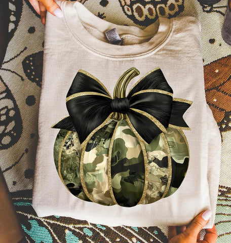 DTF Full Color TShirt Transfer - Camo Pumpkin Black Bow