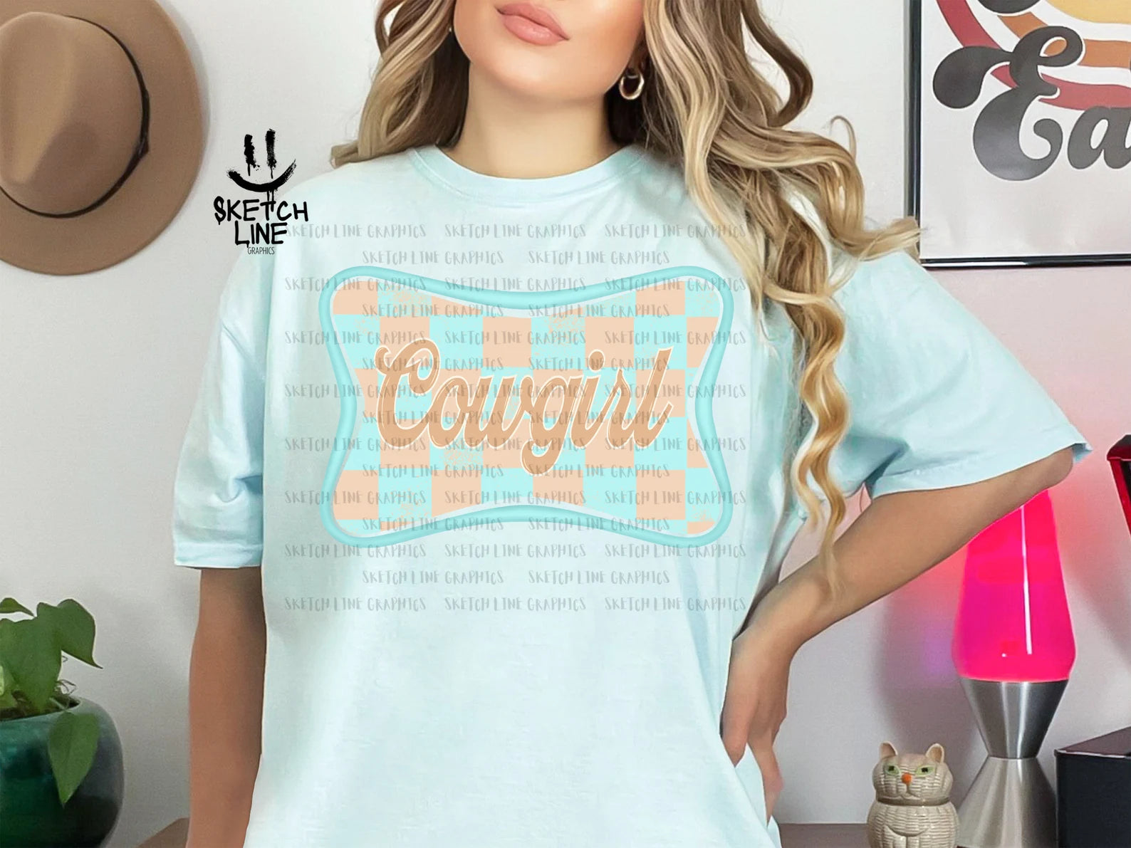 DTF Full Color Transfer - Teal Check Cowgirl
