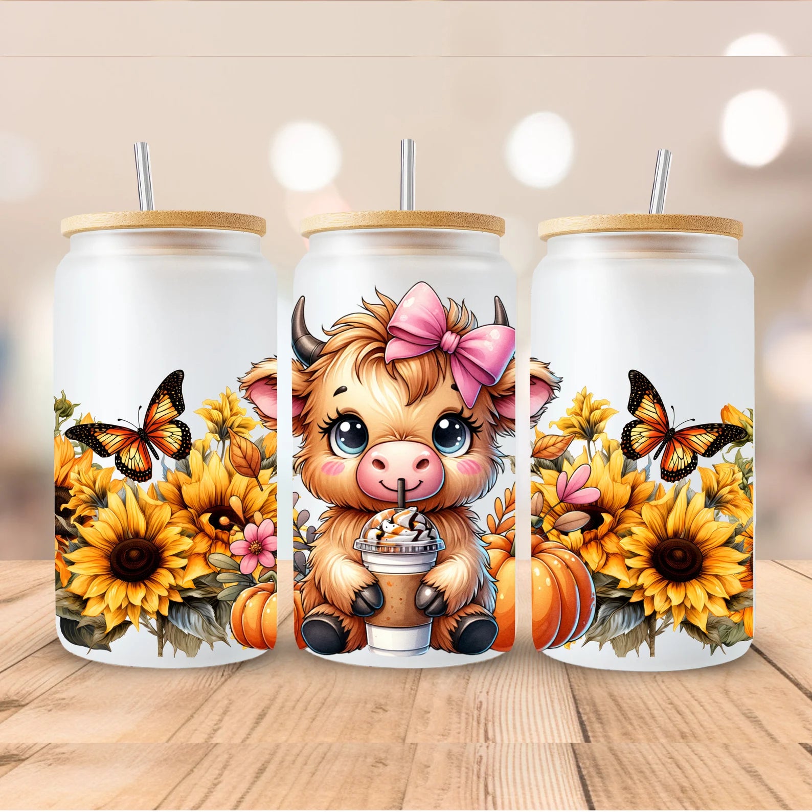 16oz UV DTF Wrap - Cute Cow Sipping Coffee