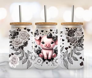 16oz UV DTF Wrap - Cute Black Pig Floral