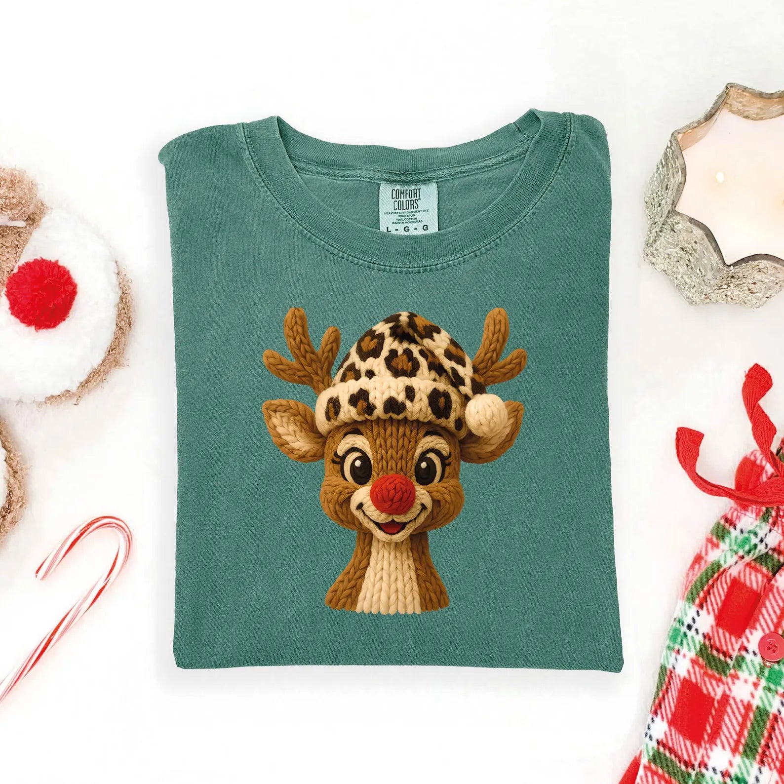 DTF Full Color TShirt Transfer - Leopard Hat Faux Knit Deer