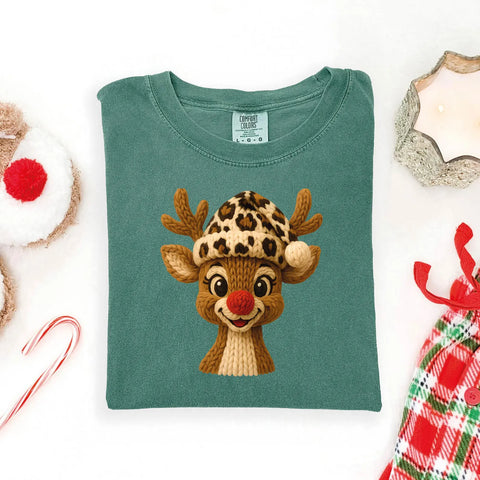 DTF Full Color TShirt Transfer - Leopard Hat Faux Knit Deer