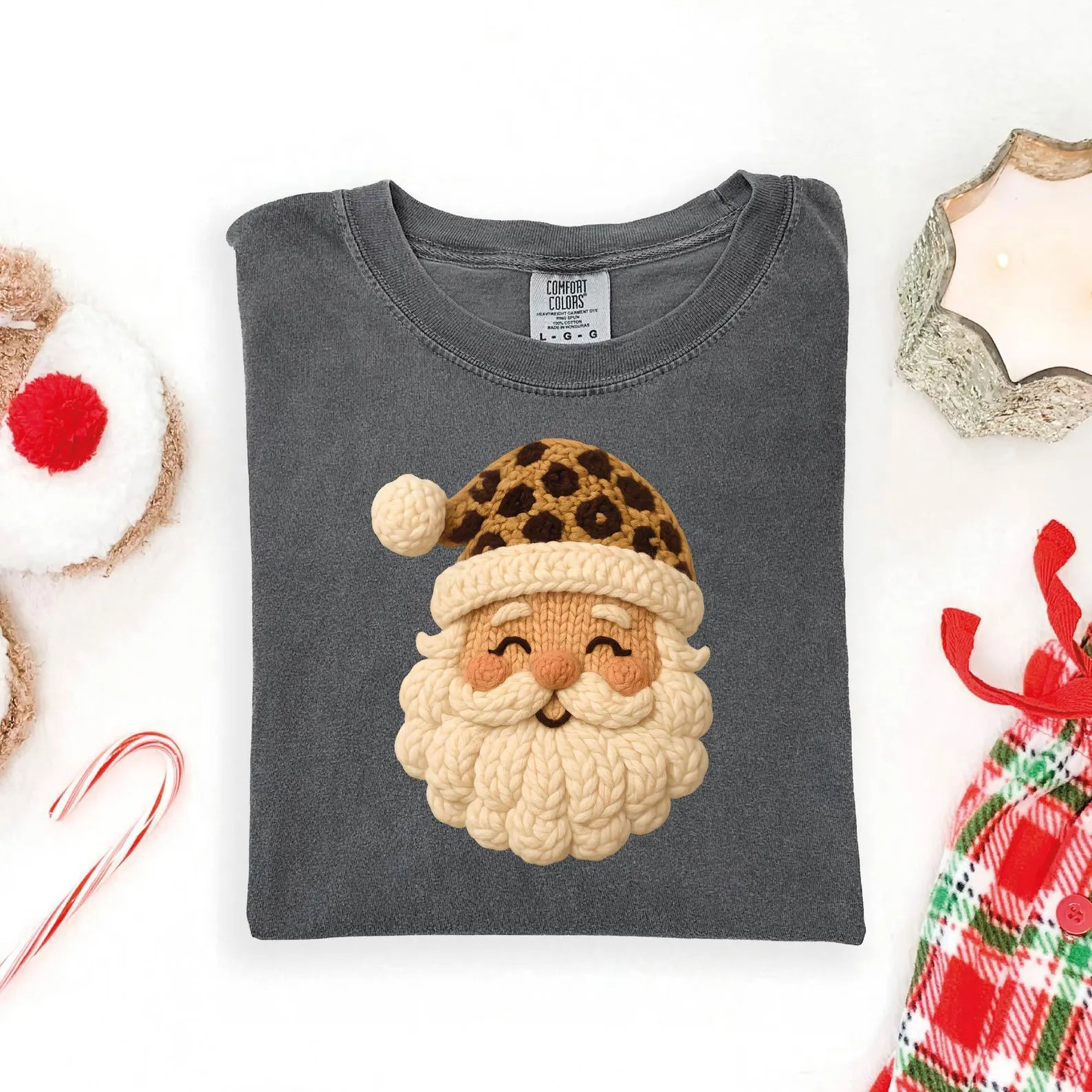 DTF Full Color TShirt Transfer - Leopard Hat Faux Knit Santa