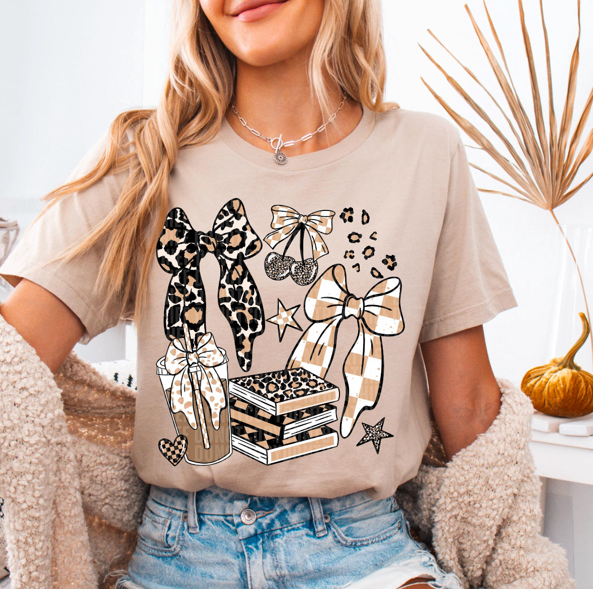 DTF Full Color TShirt Transfer - Check Books Bows Coffee