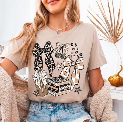 DTF Full Color TShirt Transfer - Check Books Bows Coffee
