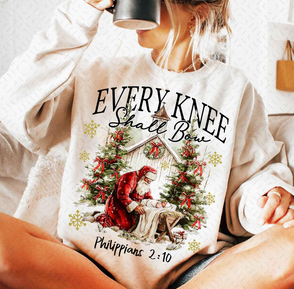 DTF Full Color TShirt Transfer - Every Knee Shall Bow Santa