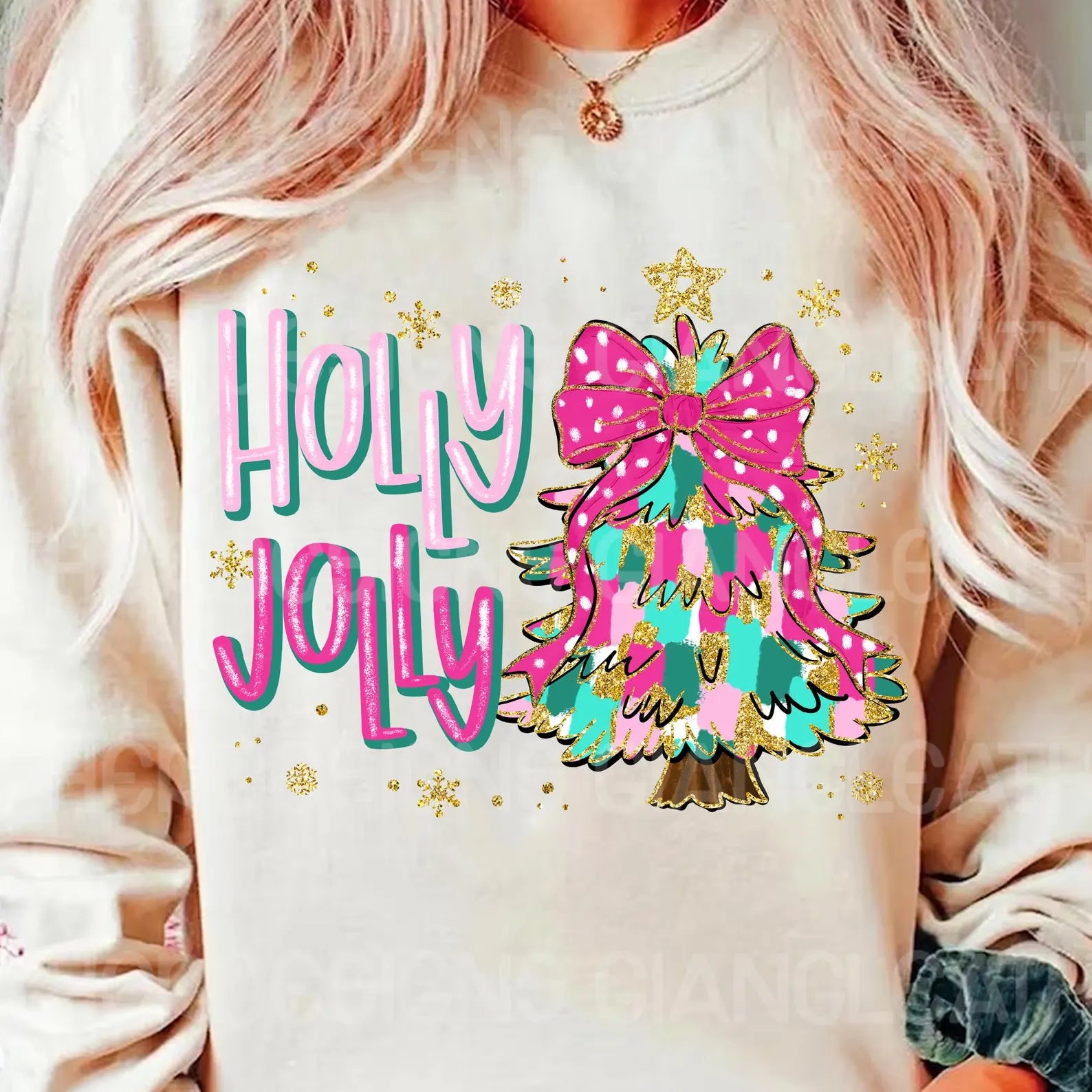 DTF Full Color TShirt Transfer - Holly Jolly Bright Painted Tree Pink Bow