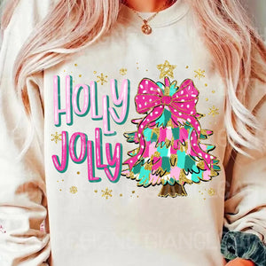 DTF Full Color TShirt Transfer - Holly Jolly Bright Painted Tree Pink Bow