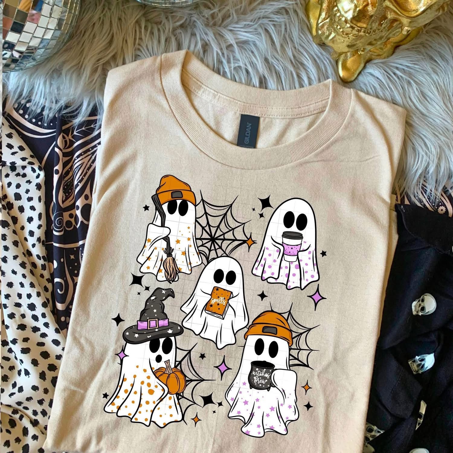 DTF Full Color TShirt Transfer - Ghosts with Coffee Broom Pumpkin