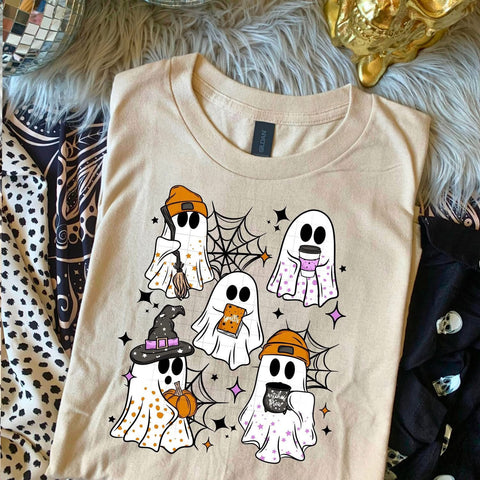 DTF Full Color TShirt Transfer - Ghosts with Coffee Broom Pumpkin