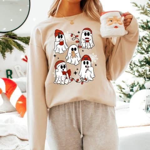 DTF Full Color TShirt Transfer - Cute Christmas Ghosts Lights Cookies