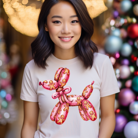 DTF Full Color TShirt Transfer - Pink Gingerbread Man Balloon Dog