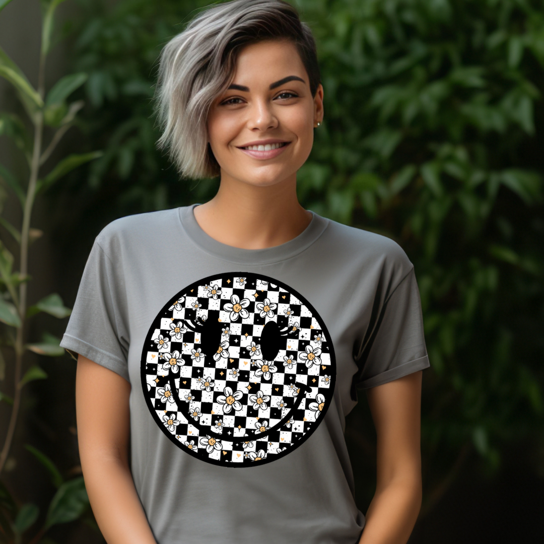 DTF Full Color TShirt Transfer - Check Daisy Smiley