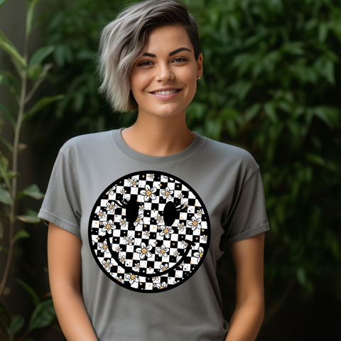 DTF Full Color TShirt Transfer - Check Daisy Smiley