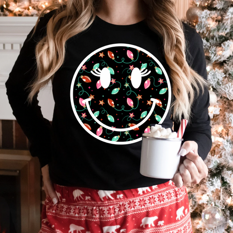 DTF Full Color TShirt Transfer - Christmas Lights Smiley with Lashes (You Choose Black or White!)