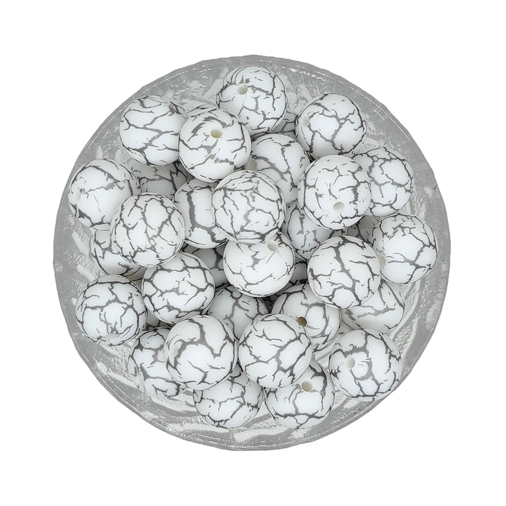 15mm Printed Silicone Bead - White Grey Crackle