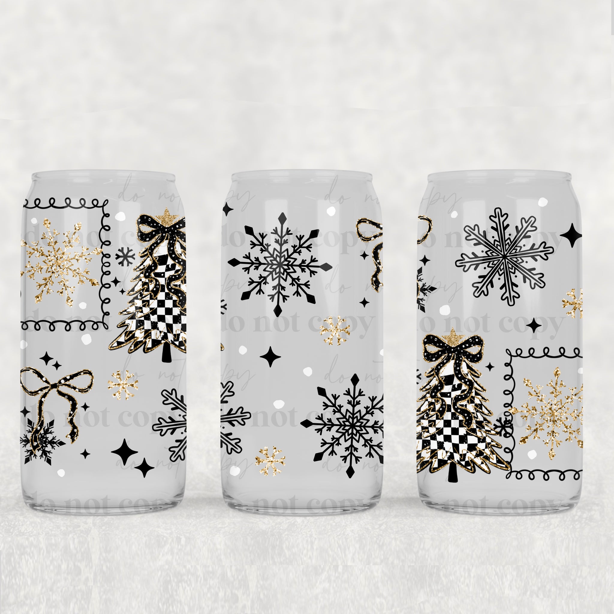 16oz UV DTF Wrap - Black Gold Snowflake Check Tree