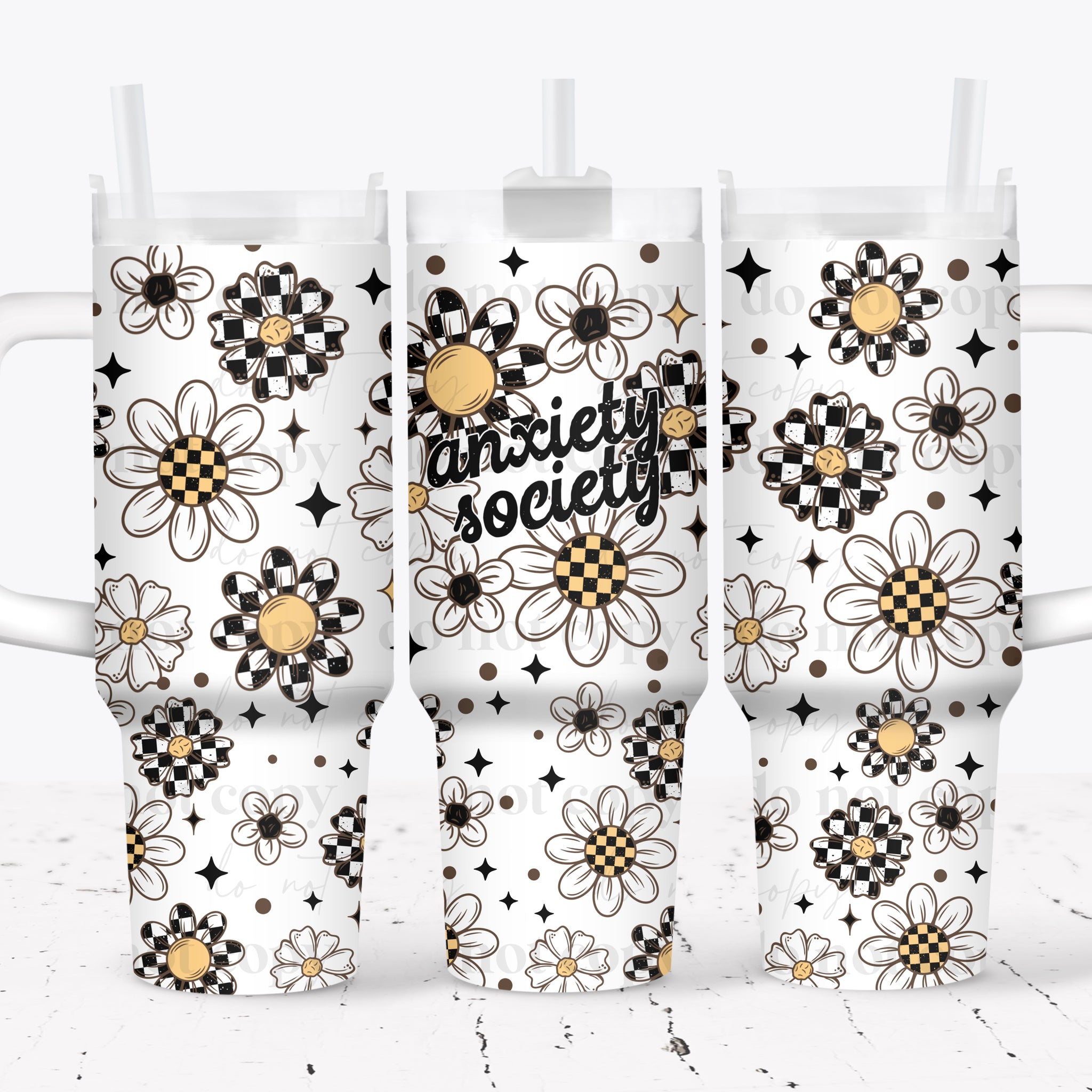 40oz UV DTF Wrap - Full Top & Bottom - Anxiety Society Check Daisies