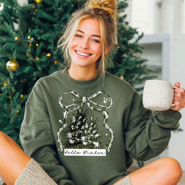 DTF Full Color TShirt Transfer - Hello Winter Tree (White or Black Font)