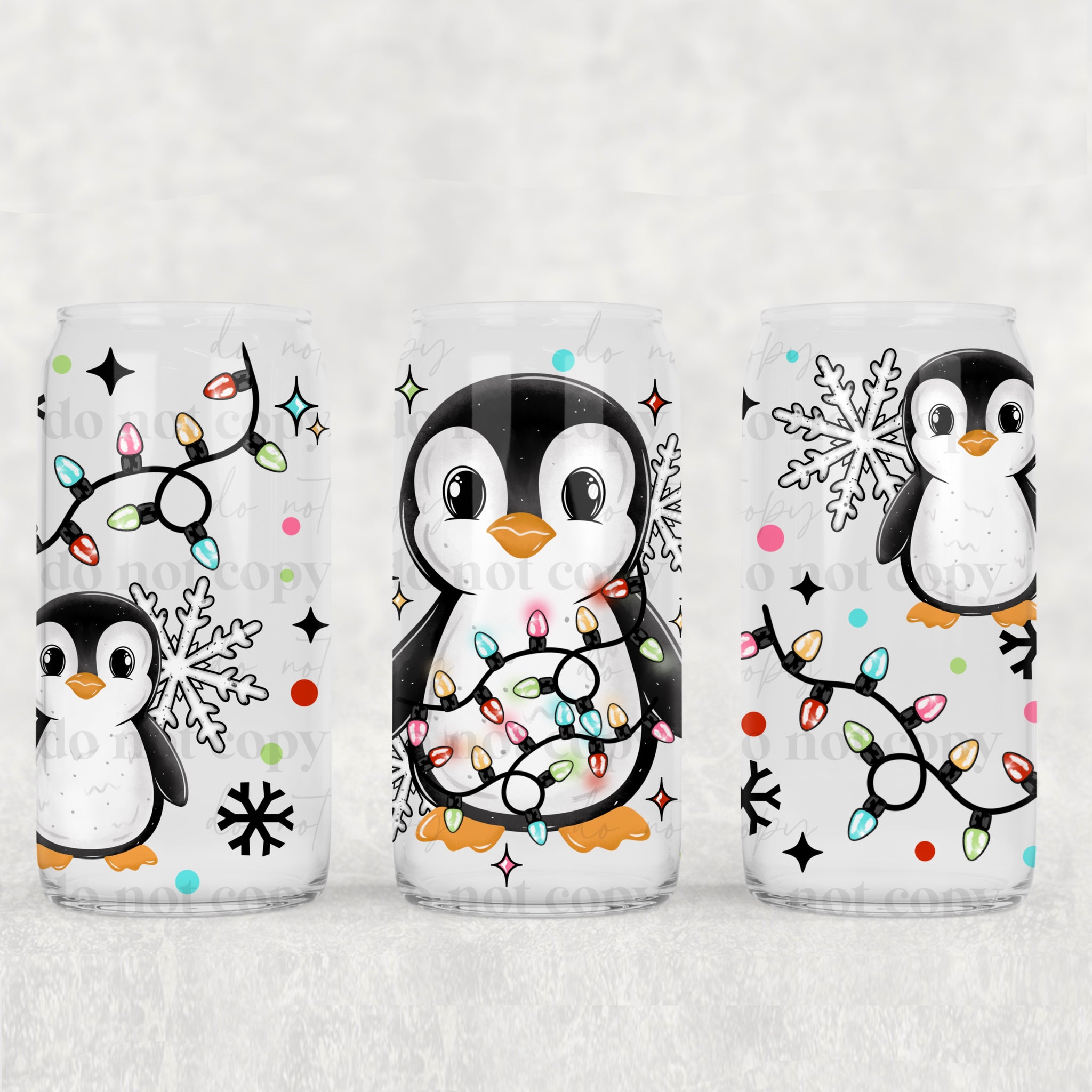 16oz UV DTF Wrap - Cute Penguin Lights