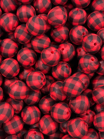 15mm Printed Silicone Bead - Black & Red Plaid