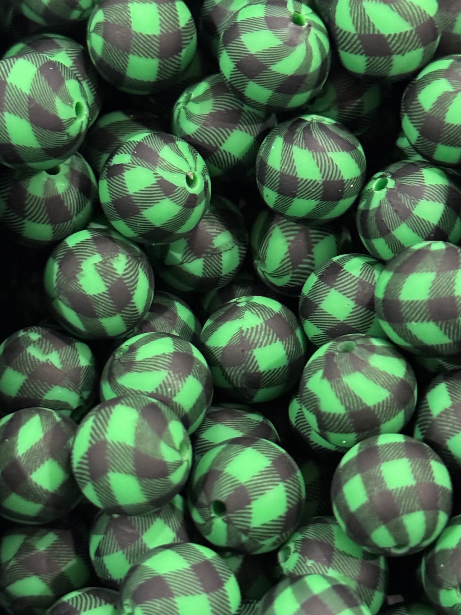 15mm Printed Silicone Bead - Green Plaid