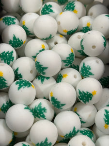 15mm Printed Silicone Bead - Green Tree