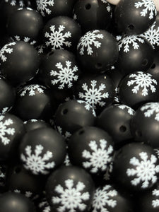 15mm Printed Silicone Bead - Black Snowflake